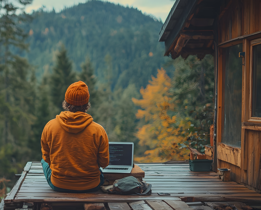 vecteezy a man sitting on a wooden deck with a laptop 72507329.webp