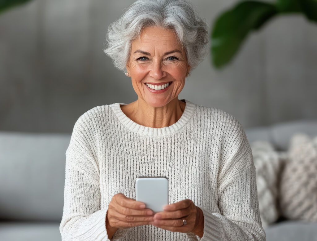 smiling elderly woman holding smartphone, enjoying technology in cozy setting