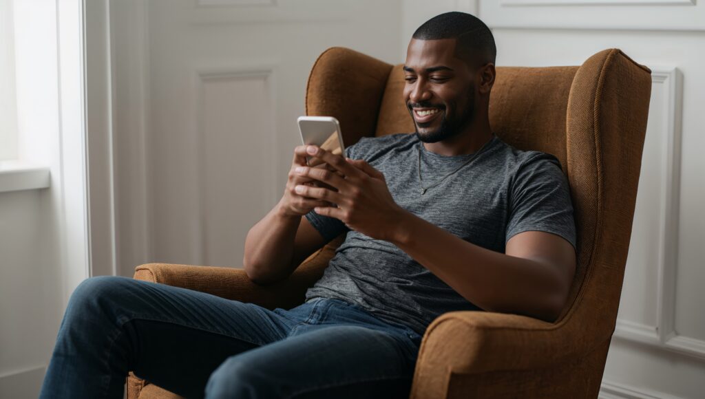 man relaxes in cozy chair while checking phone at home during afternoon