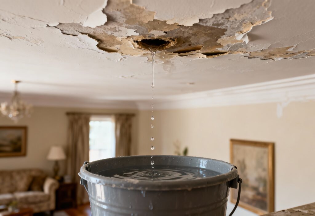 vecteezy water dripping from a damaged ceiling into a gray bucket 75530925